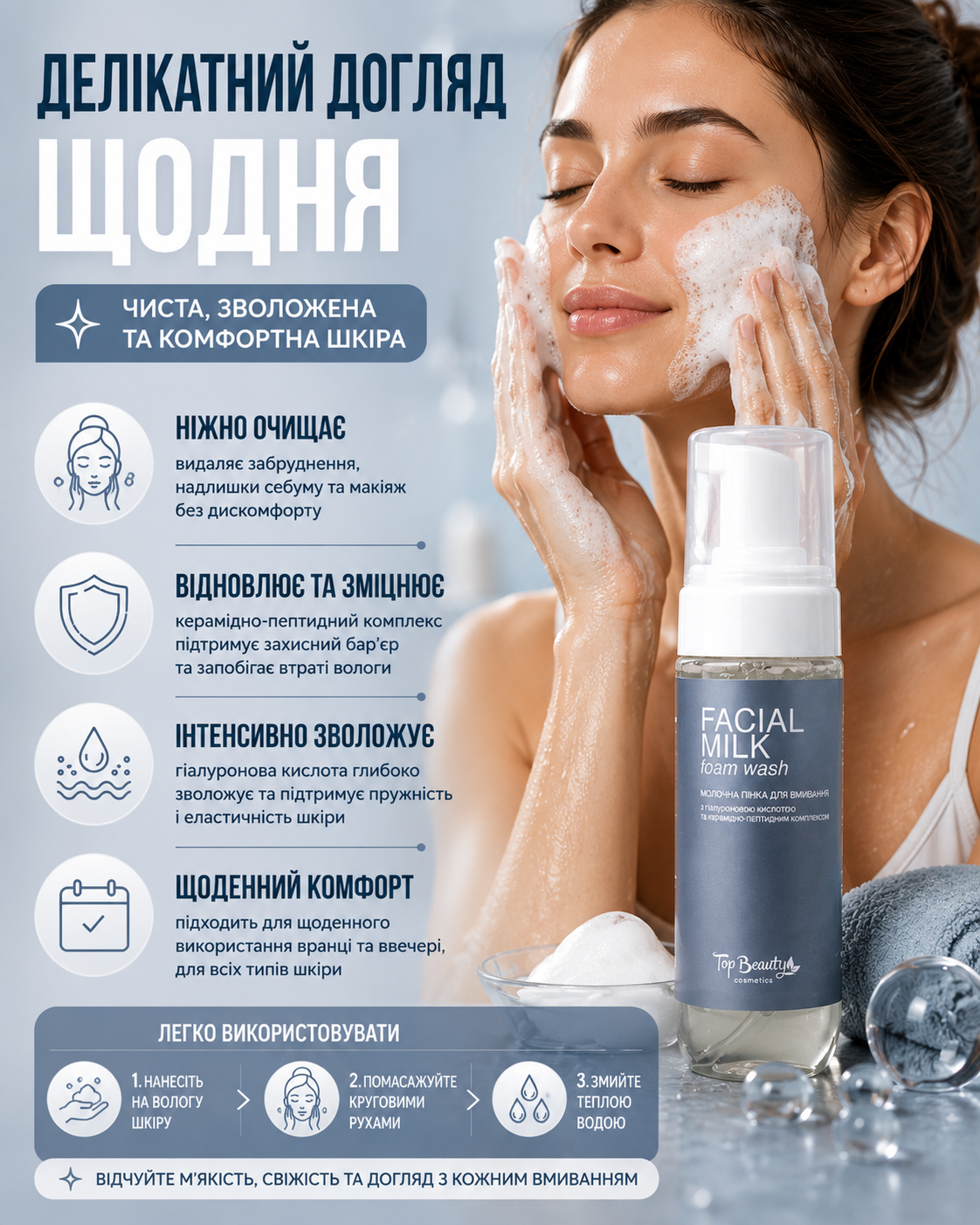 Молочна пінка для вмивання з гіалуроновою кислотою та керамідно-пептидним комплексом 150 мл